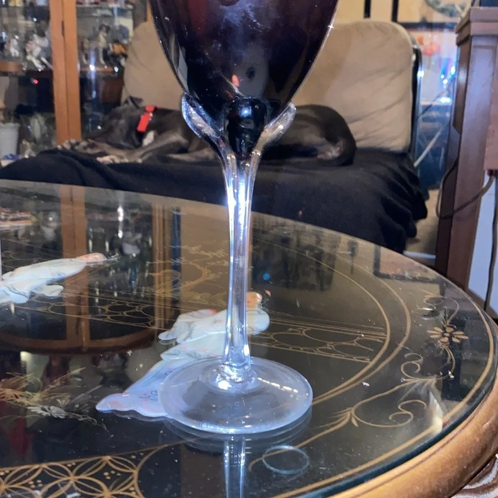 Murano Art Glass Hand Blown Clear Ribbed Stem Tall 9.75”Fine Wine Glass purple